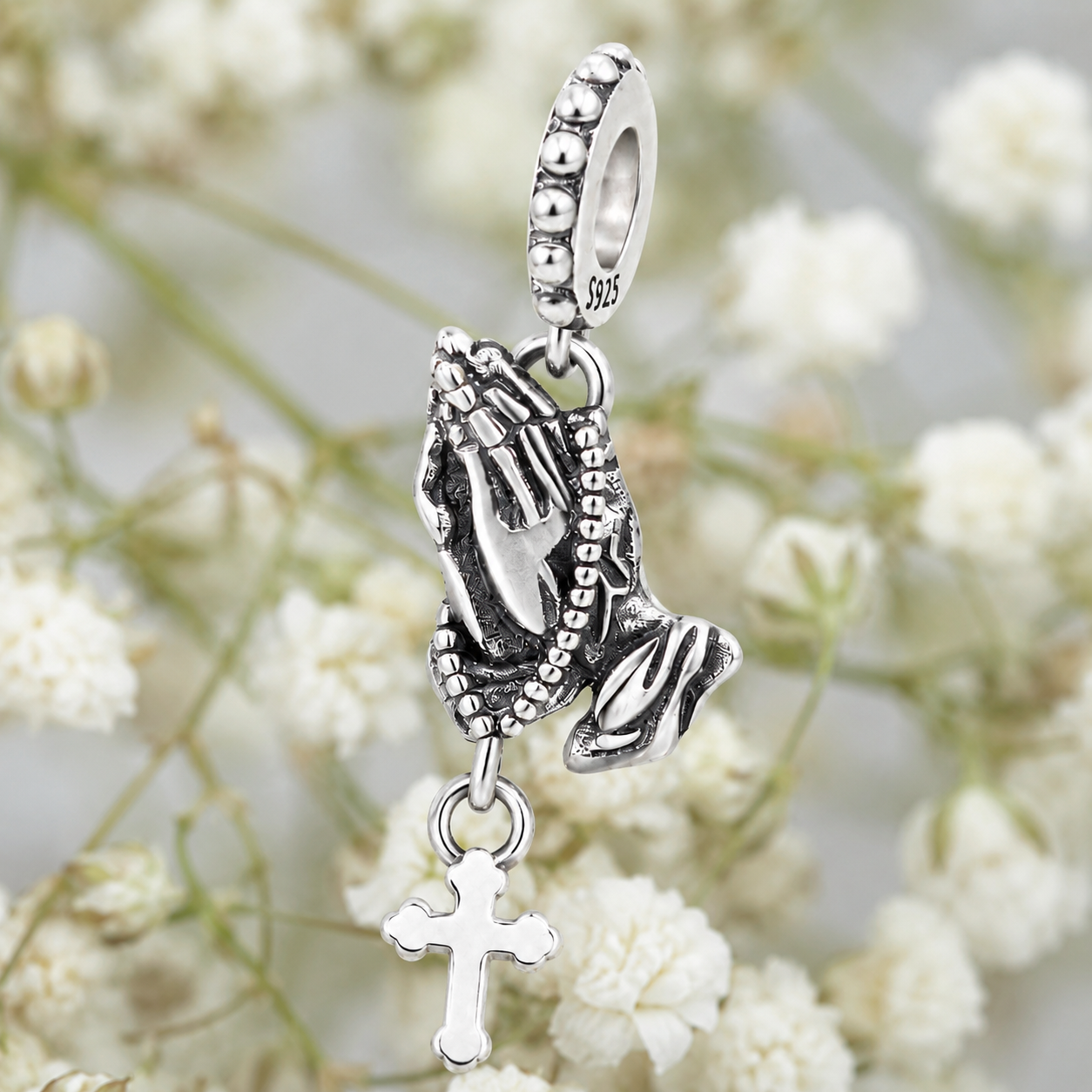 Praying Hands with Rosary Charm 925 Silver