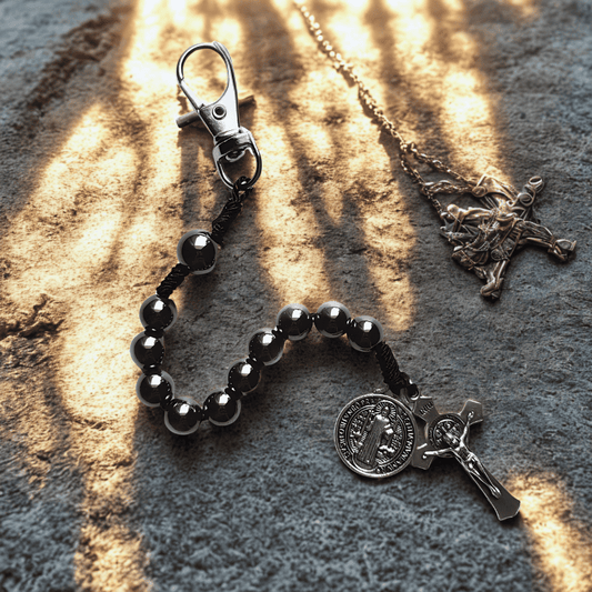 Mini Protective Rosary Saint Benedict Hematite