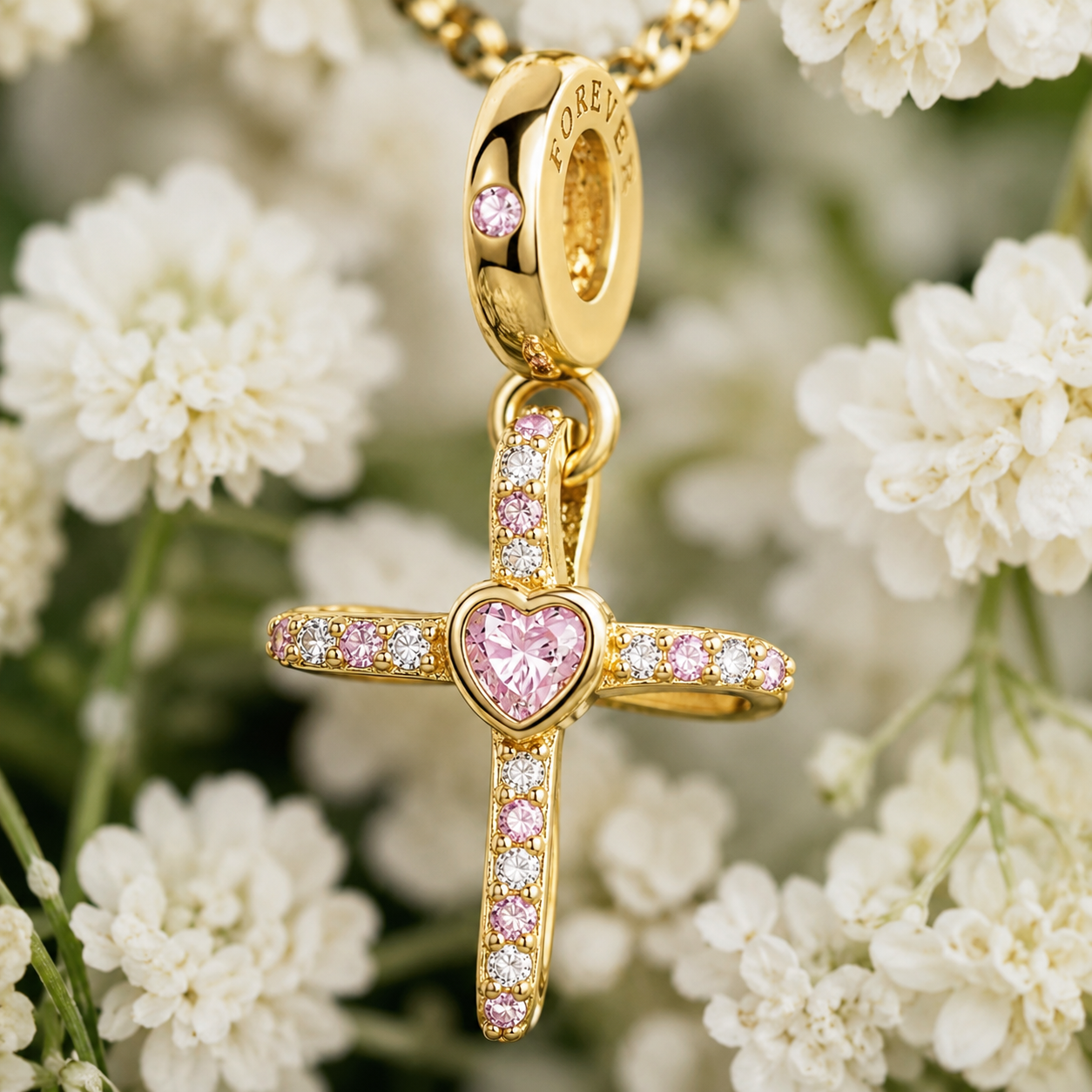 Pink Heart Cross Charm 18k Gold Plated