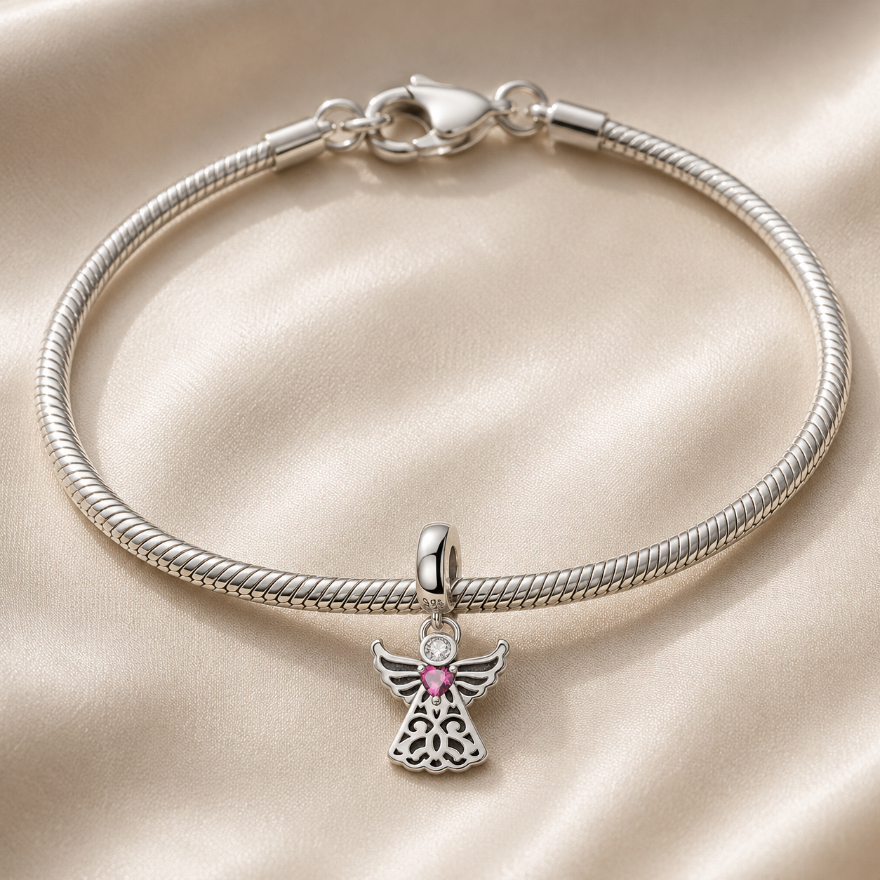 Angel with Pink Heart Charm 925 Silver