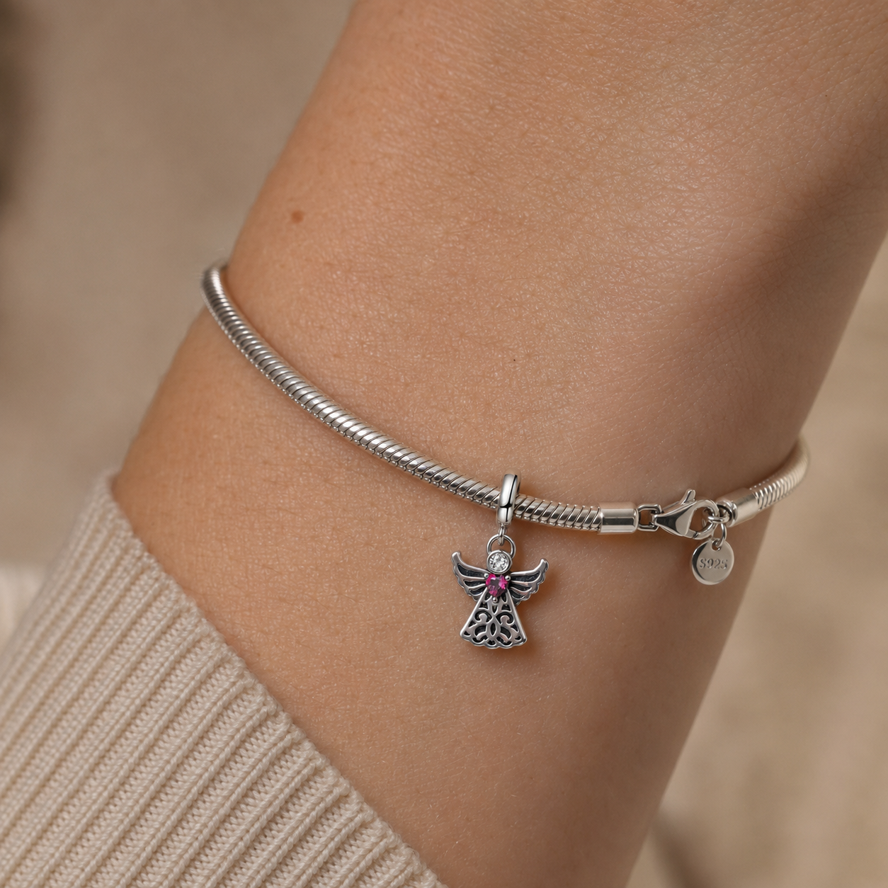 Angel with Pink Heart Charm 925 Silver