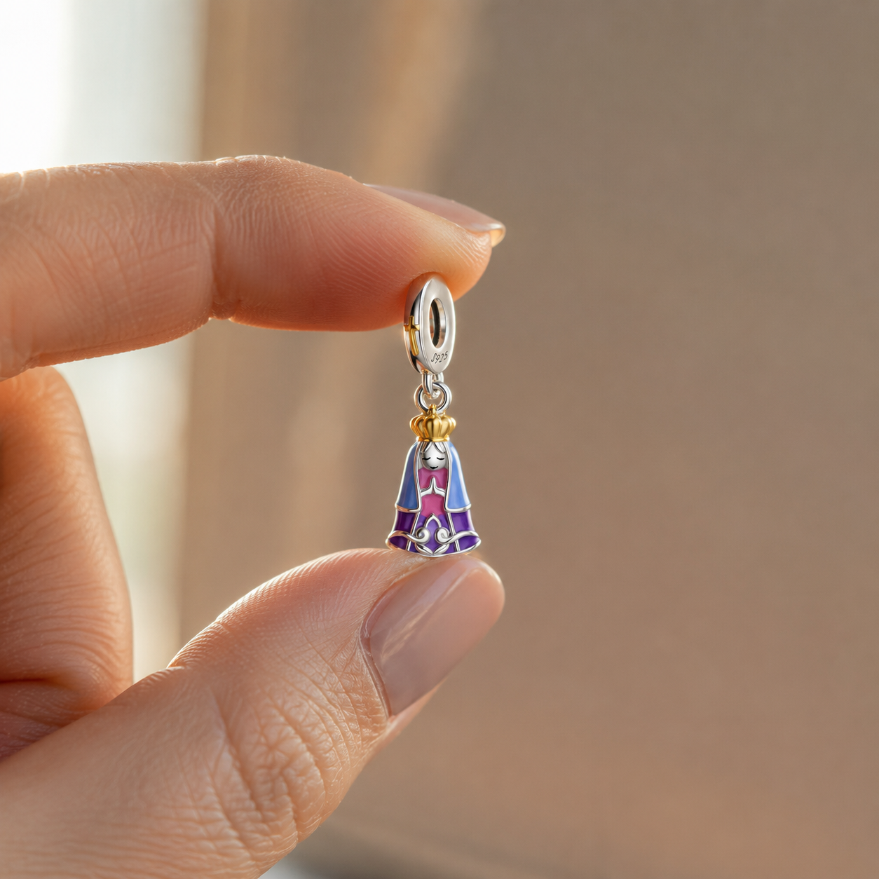 Our Lady of the Heavenly Pink Mantle Charm — 925 Silver