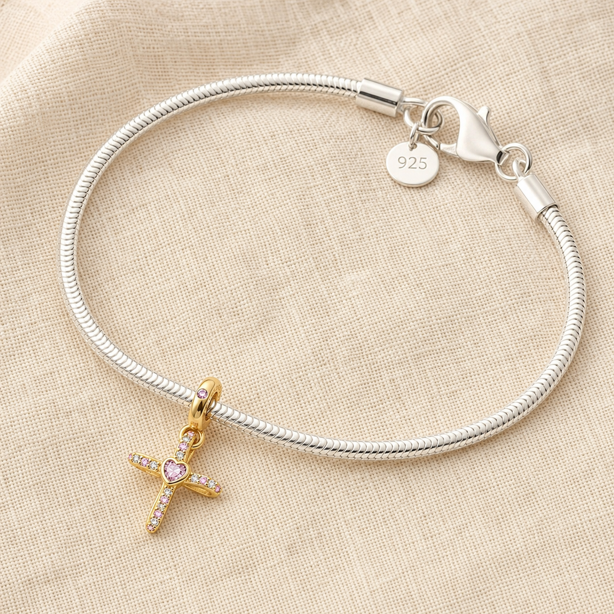 Pink Heart Cross Charm 18k Gold Plated
