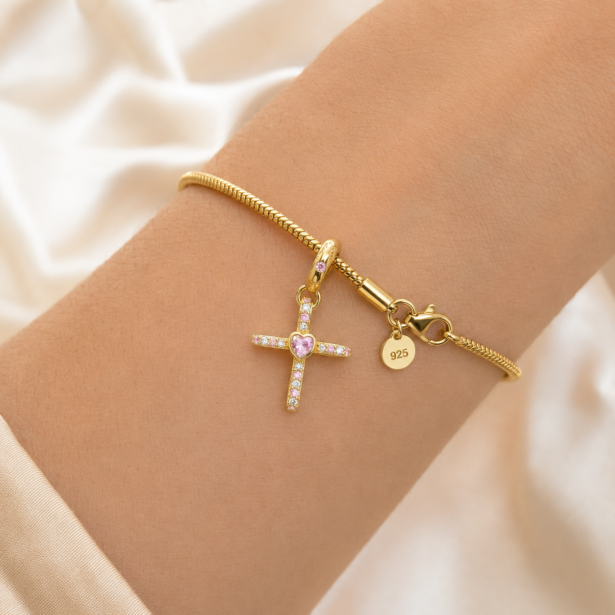 Pink Heart Cross Charm 18k Gold Plated