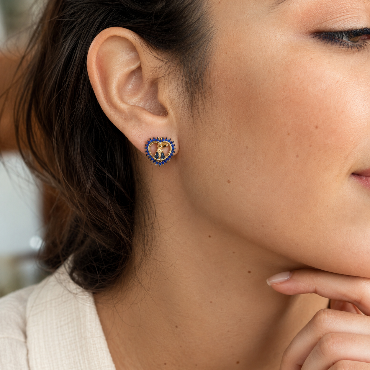 Blue Heart Virgin Mary Earrings