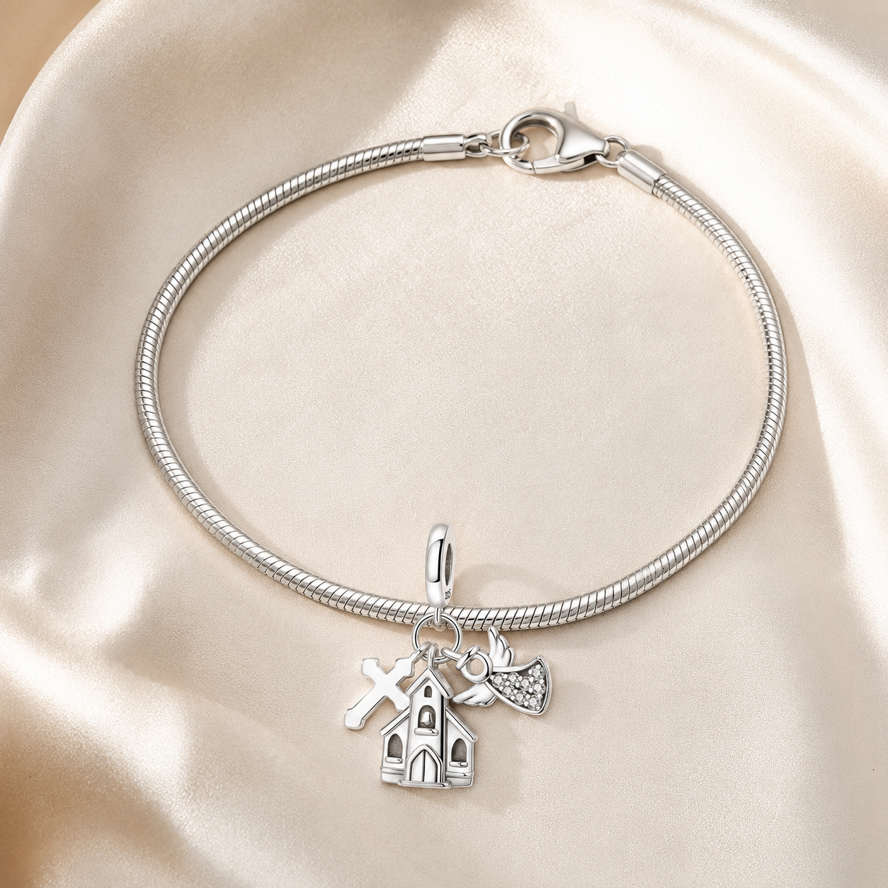 Church, Cross and Angel Charm 925 Silver