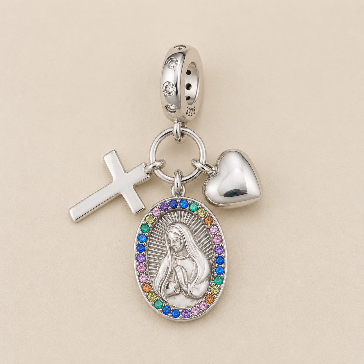 Our Lady with Cross and Heart Charm 925 Silver
