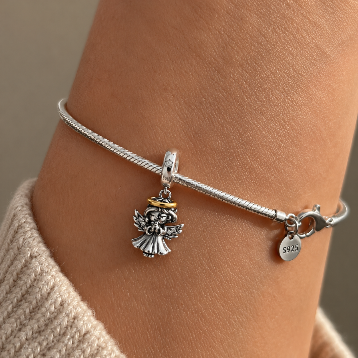 Angel with Golden Halo Charm 925 Silver