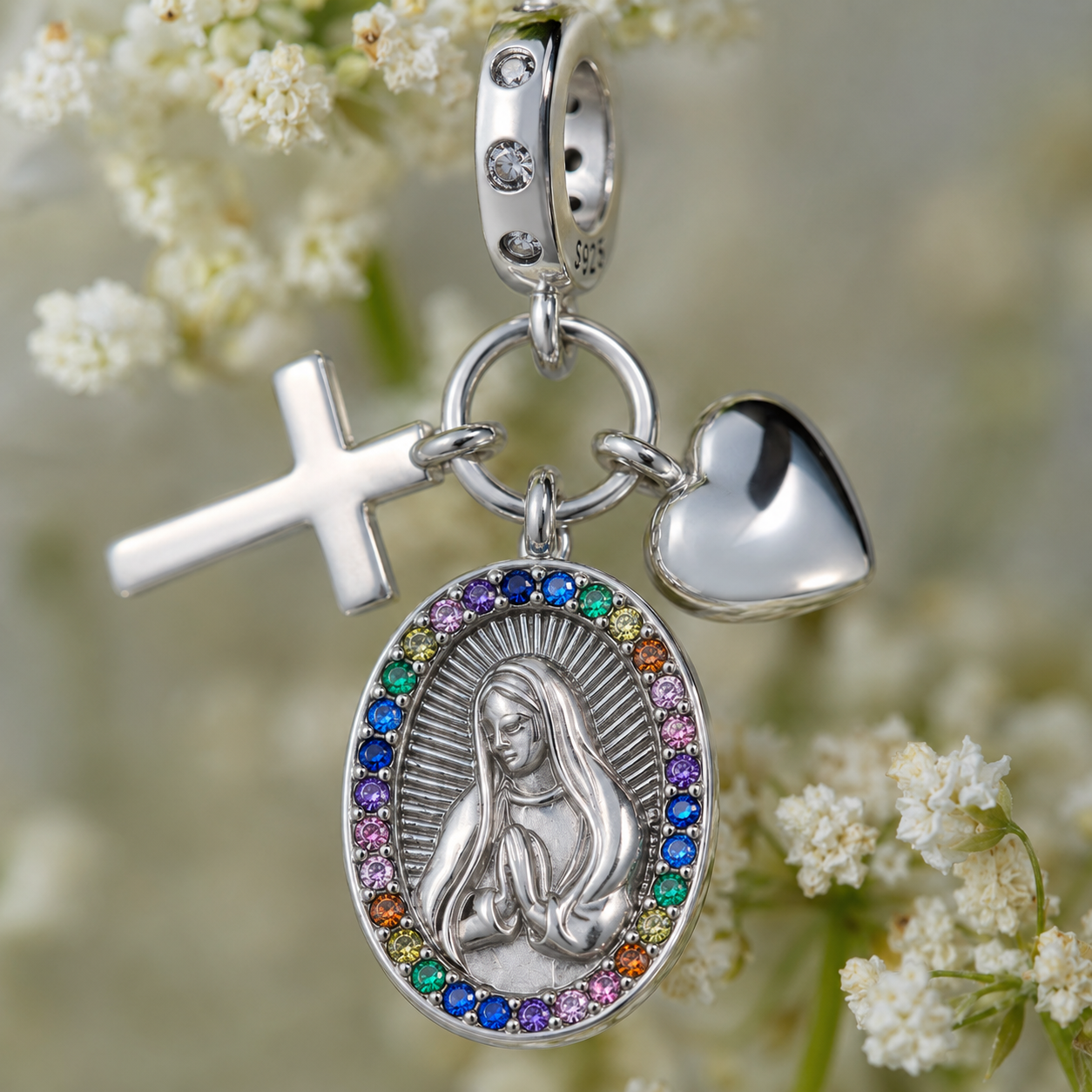Our Lady with Cross and Heart Charm 925 Silver