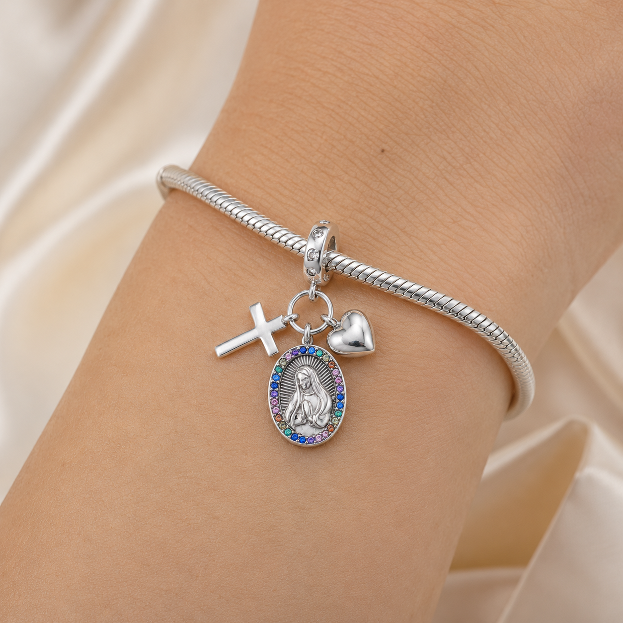Our Lady with Cross and Heart Charm 925 Silver