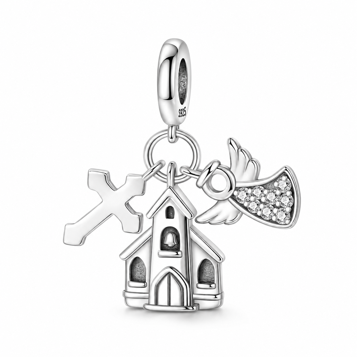 Church, Cross and Angel Charm 925 Silver