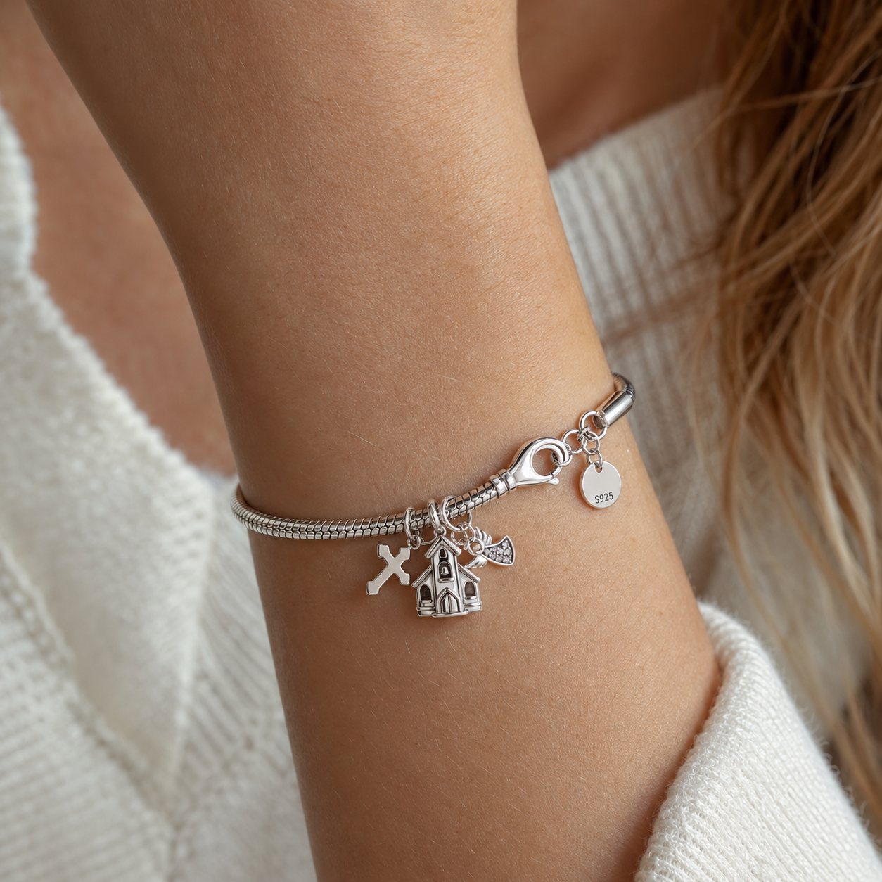 Church, Cross and Angel Charm 925 Silver