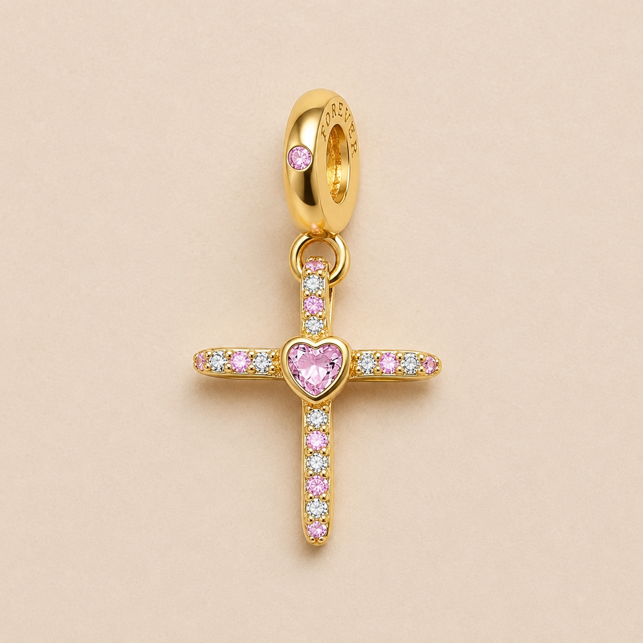 Pink Heart Cross Charm 18k Gold Plated