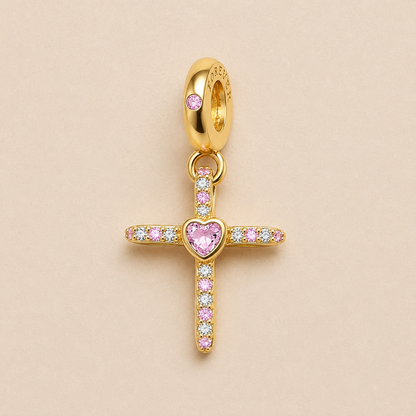 Pink Heart Cross Charm 18k Gold Plated