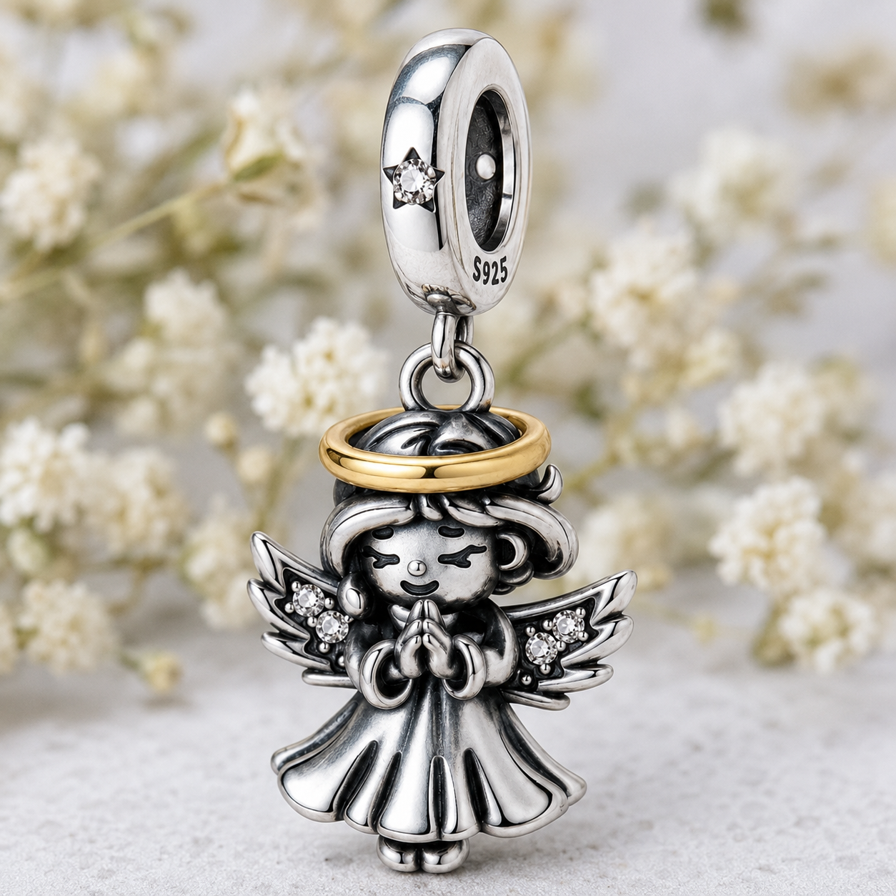 Angel with Golden Halo Charm 925 Silver