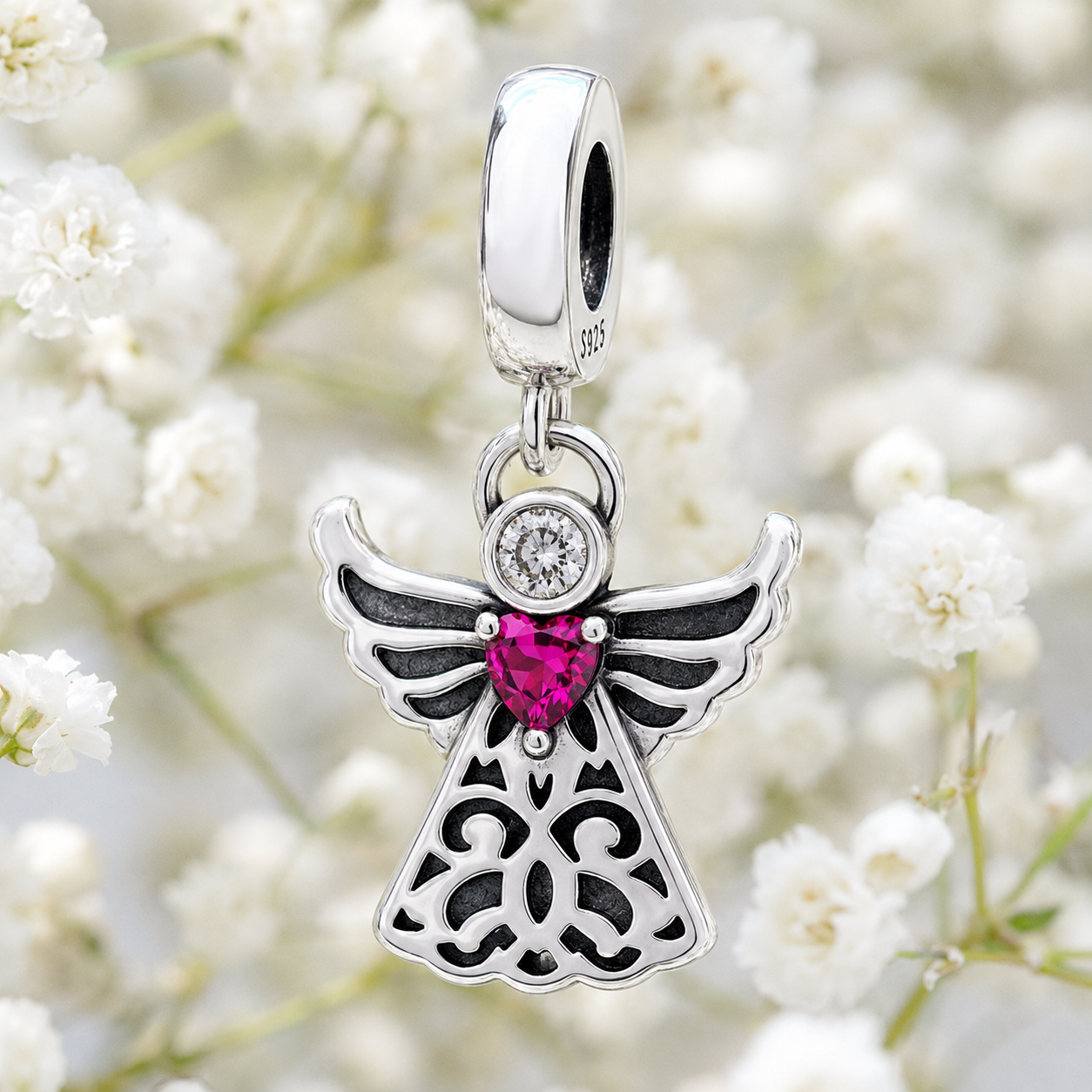 Angel with Pink Heart Charm 925 Silver