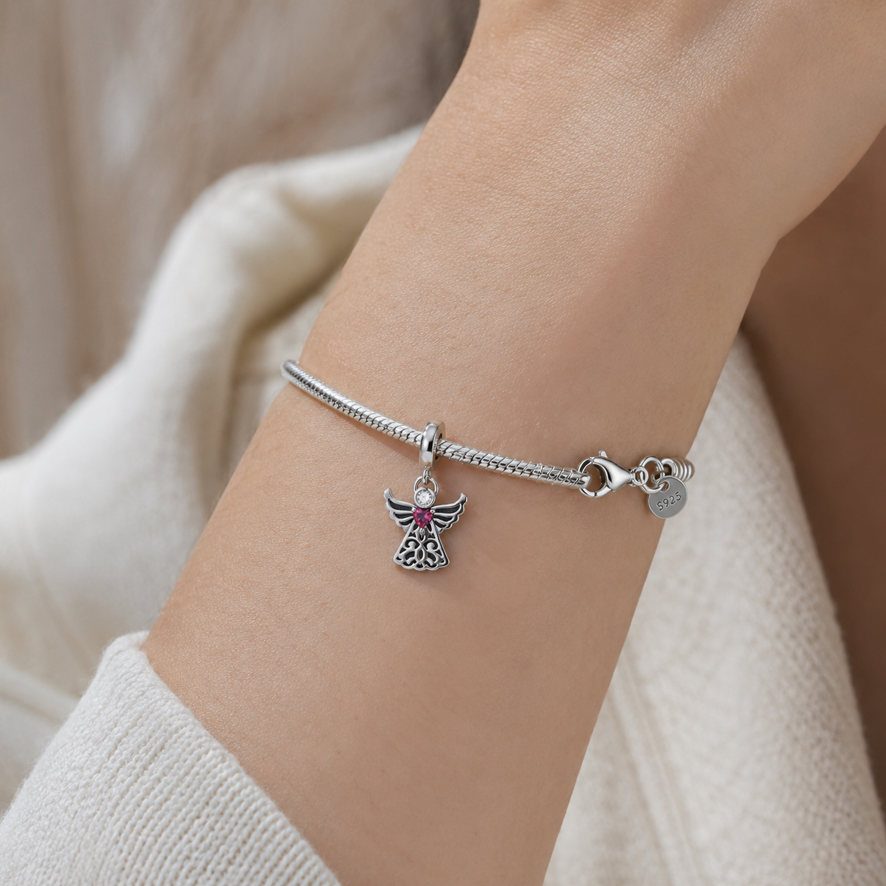 Angel with Pink Heart Charm 925 Silver