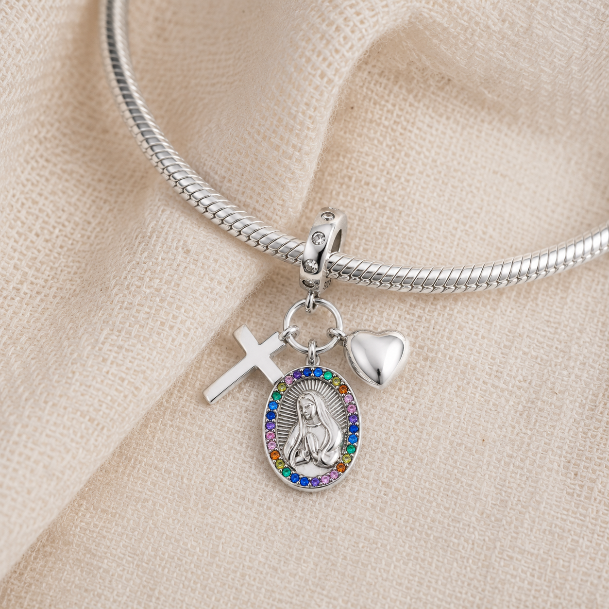 Our Lady with Cross and Heart Charm 925 Silver
