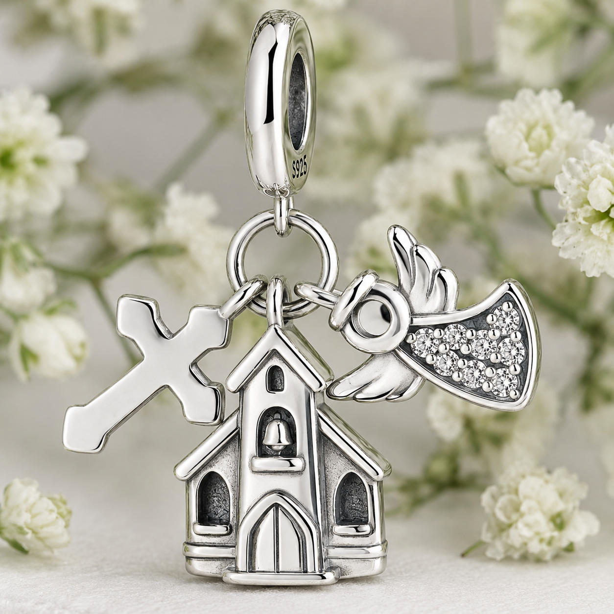 Church, Cross and Angel Charm 925 Silver