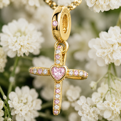 Pink Heart Cross Charm 18k Gold Plated