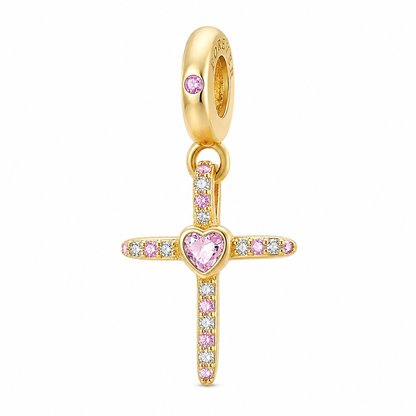Pink Heart Cross Charm 18k Gold Plated